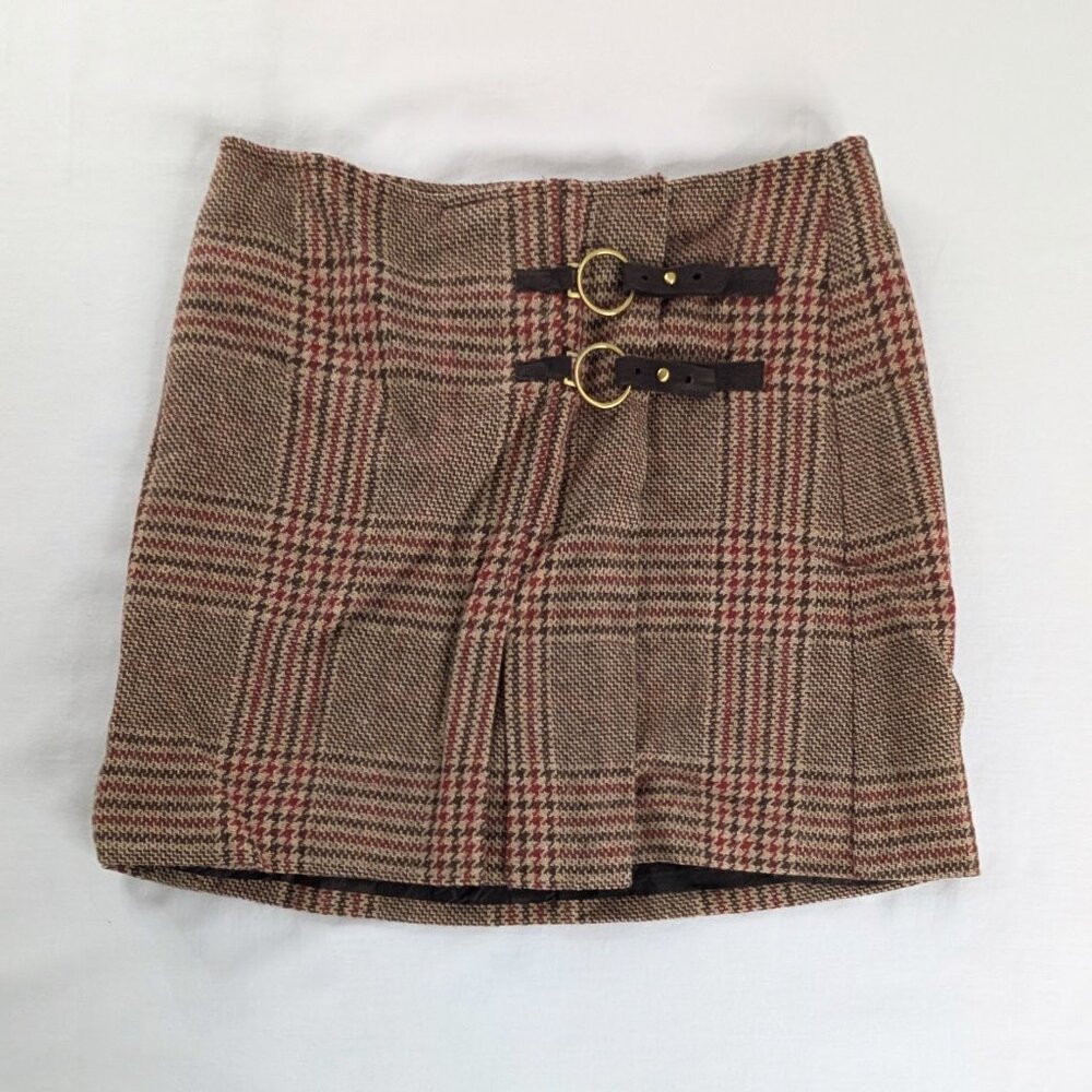 Vintage Brown Plaid Wool Mini Skirt with Buckle Detail